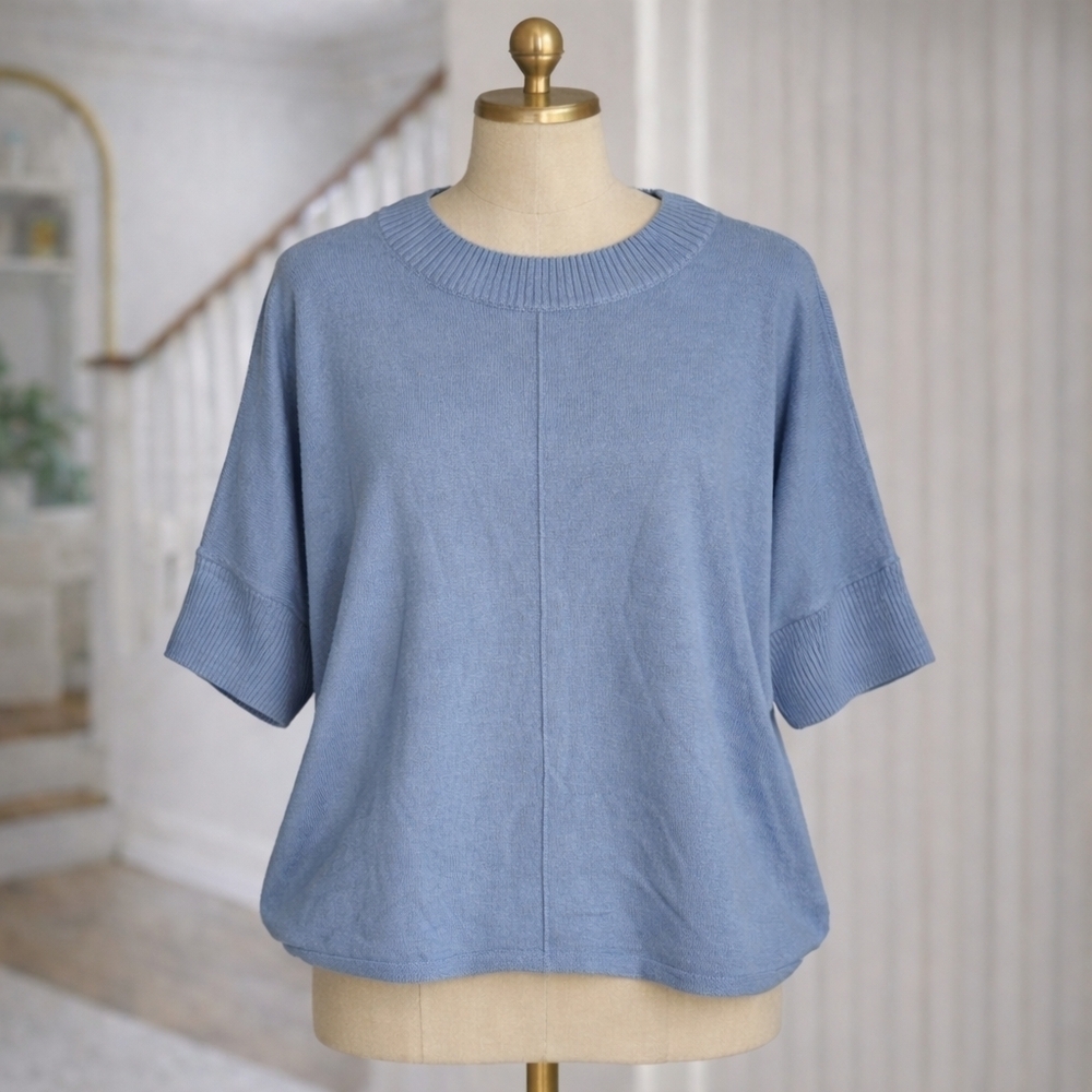 Massimo Dutti Wool Blend Short Sleeve Sweater Blue Small